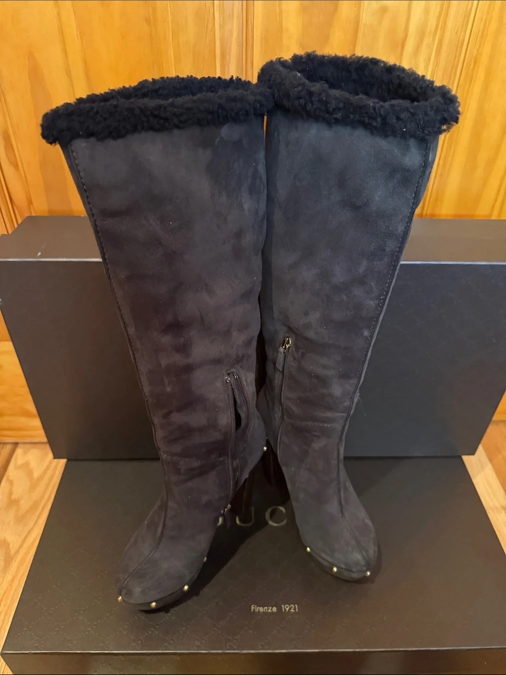 Gucci Black Suede  Shearling Stud Boots